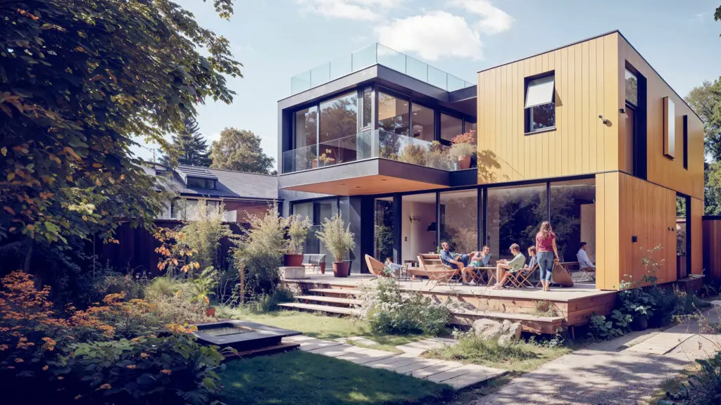 Modern house with patio, glass balcony, and lush garden