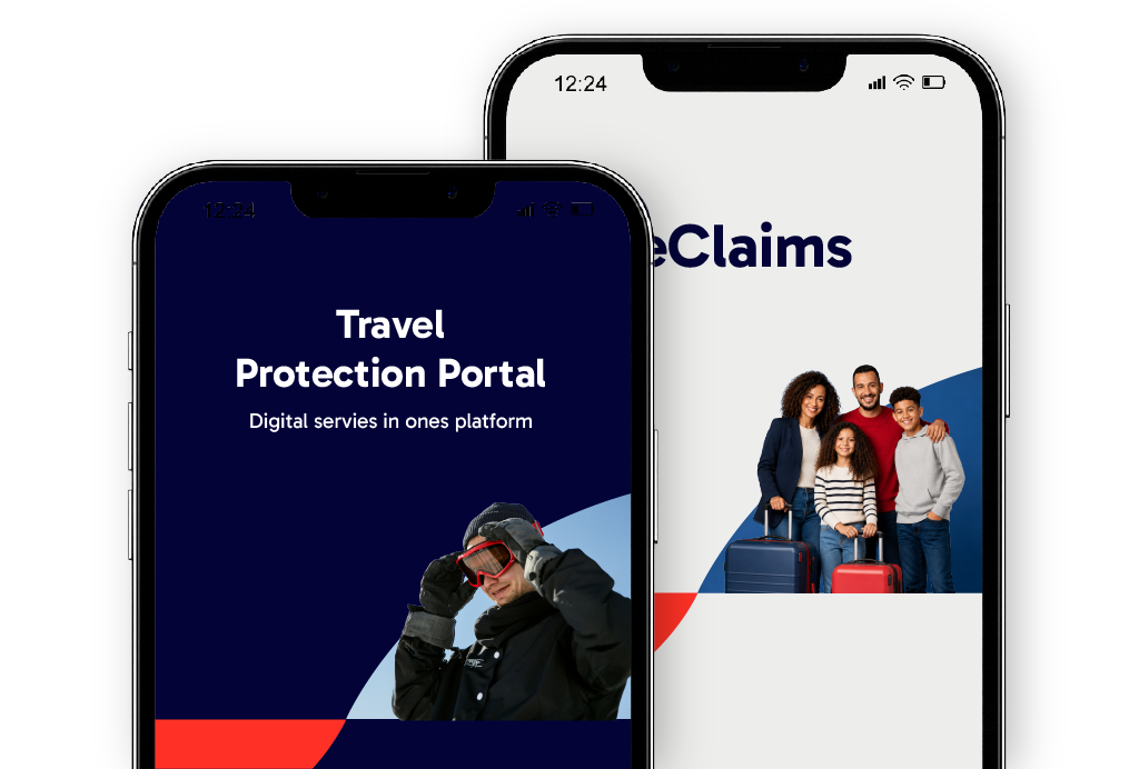 Two mobile screens displaying Europ Assistance portals: one for Travel Protection with red background and text 'Digital services in one platform', and another for eClaims with blue background, showing a group of people with luggage