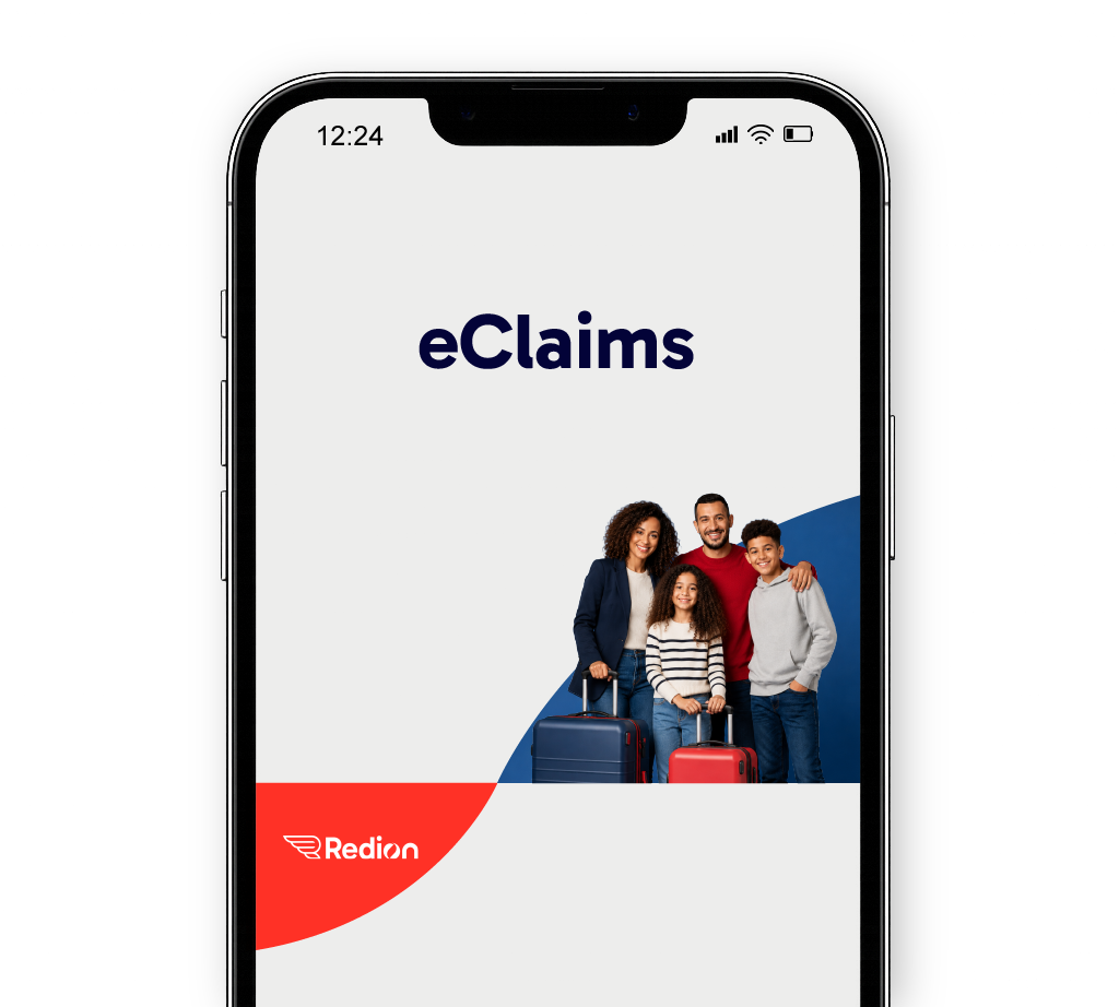 Mobile screen displaying Europ Assistance eClaims portal with blue background, featuring a group of people standing next to red suitcases