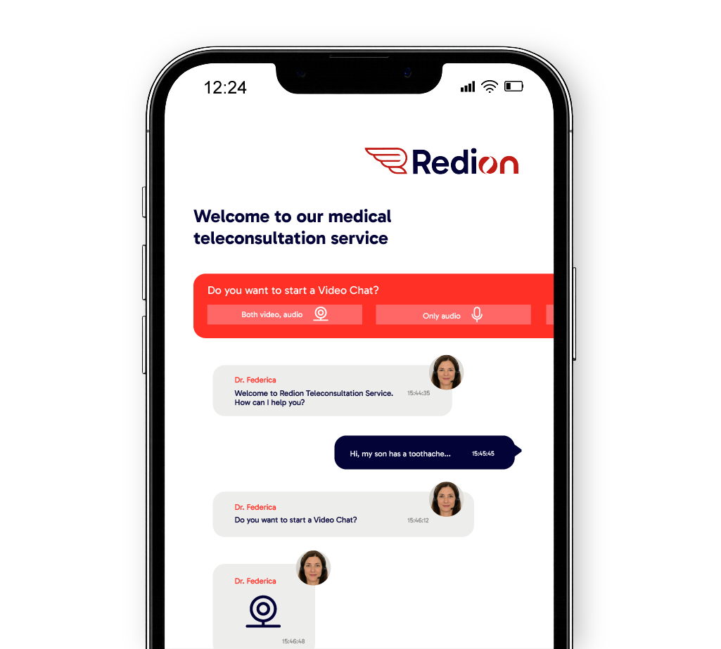 Smartphone screen showing Europ Assistance medical teleconsultation interface with chat messages and options for video or audio call