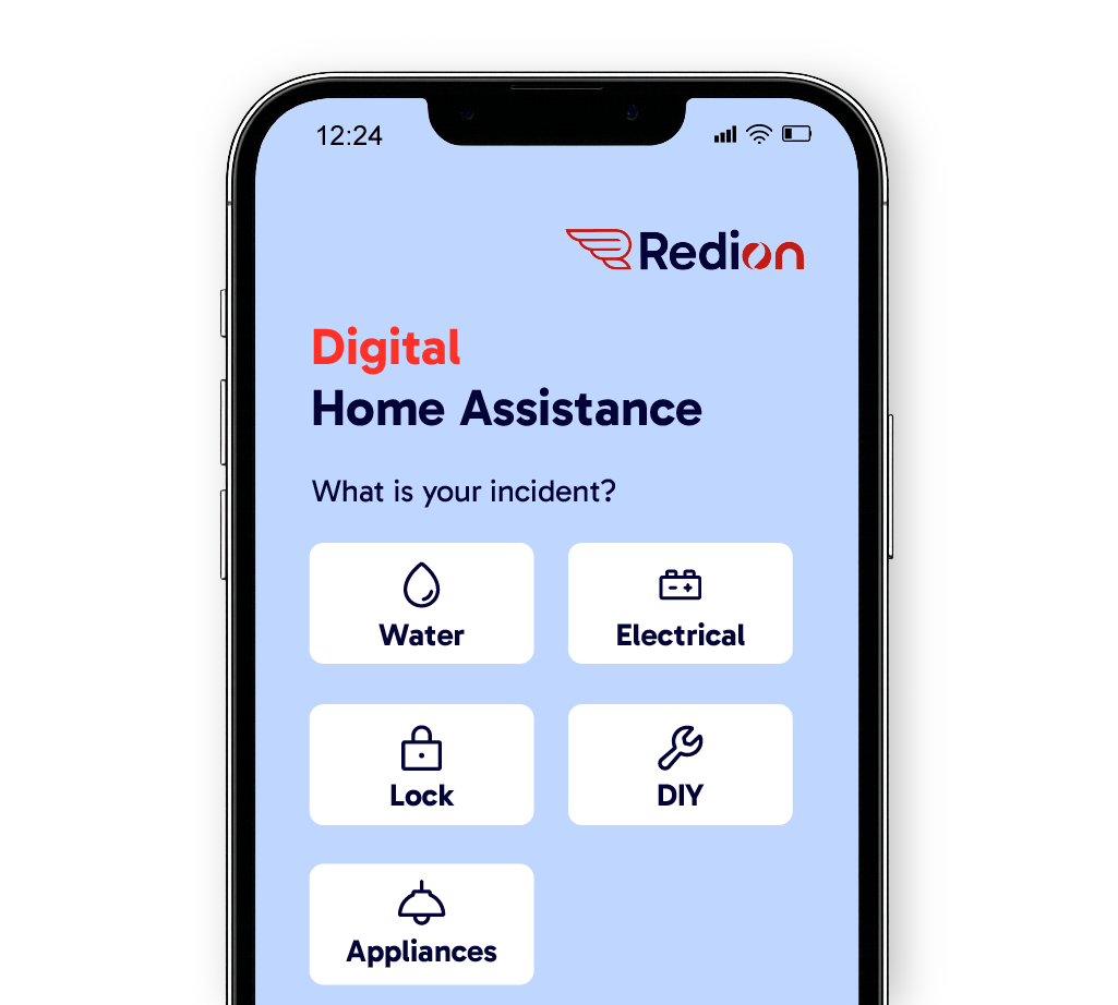 Mobile screen showing Europ Assistance Digital Home Assistance app with options for incident types: Water, Electrical, Lock, DIY, and Appliances
